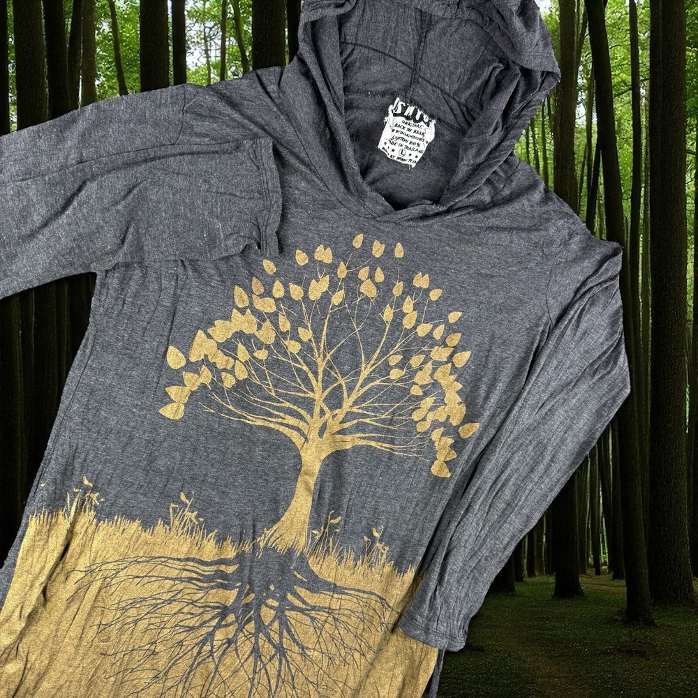 Sure Design Hooded Tunic Women L Peasant Garden Boho Tree Roots Lounge‎ Hippie